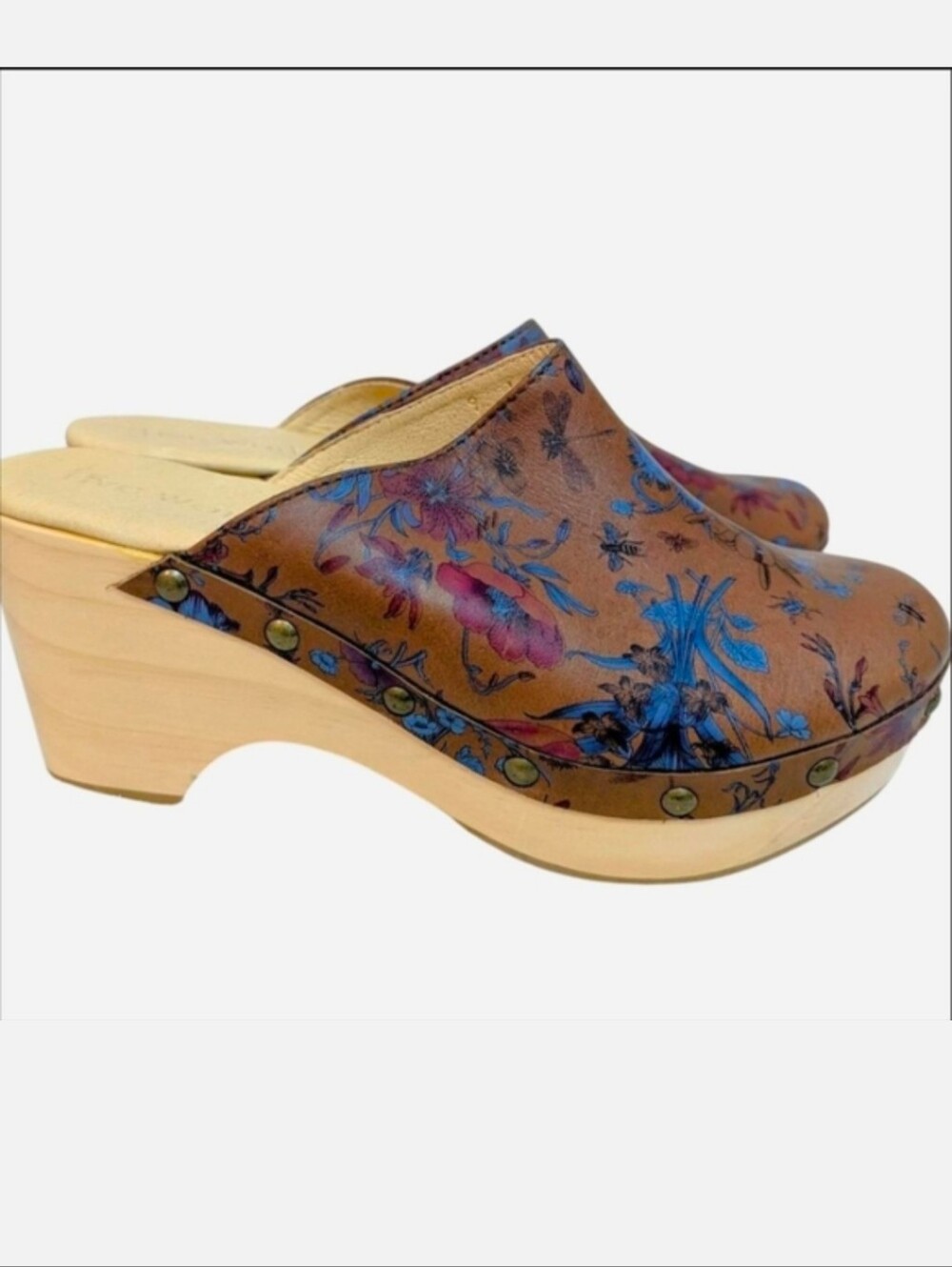 Sundance Five Worlds Corianne Leather Blue Floral Bee Clogs Wooden Block Heel 9